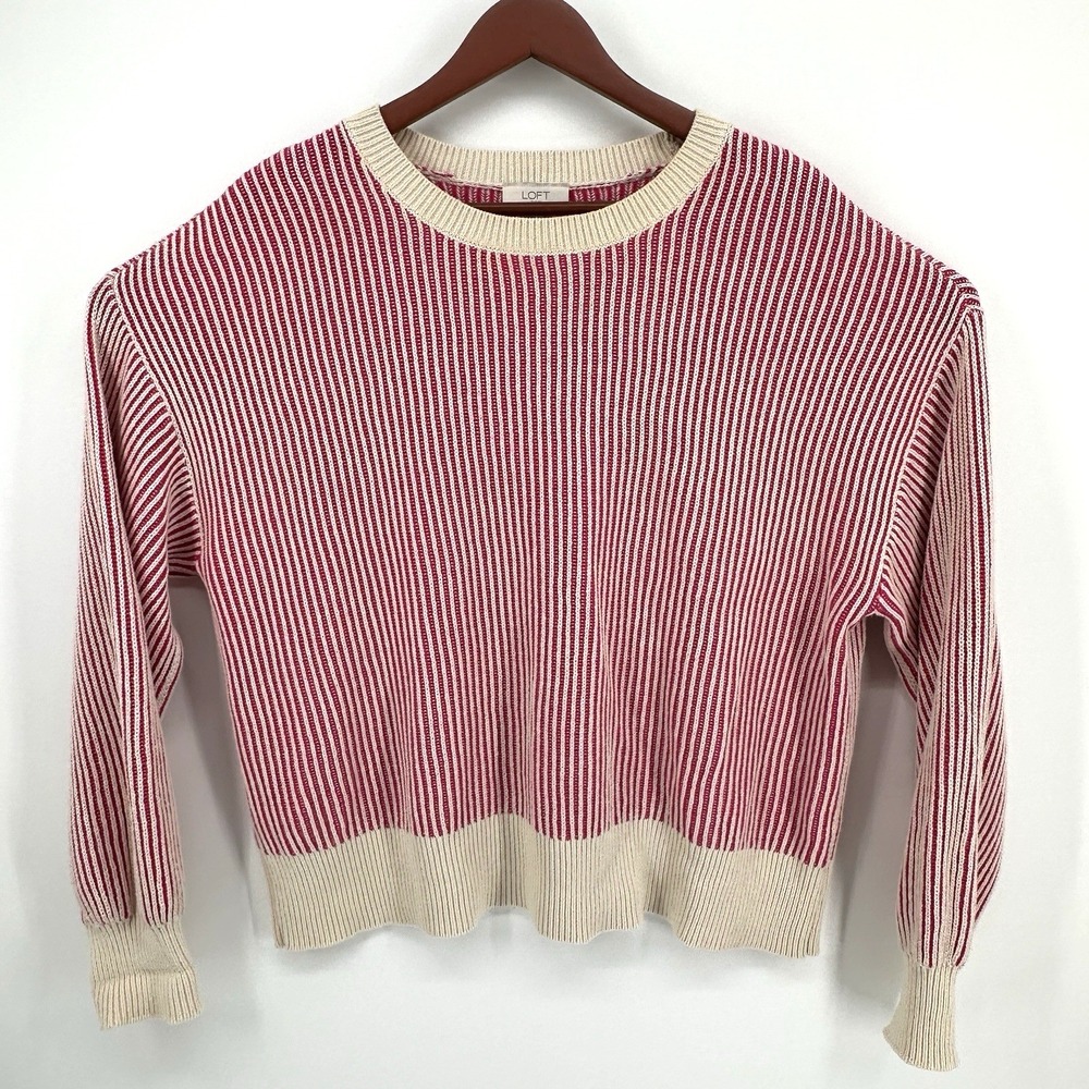 Loft Women's Striped Crop Sweater beige Red 100% Cotton Pullover Size XL